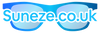 Suneze logo.  Blue writing on top of blue glasses