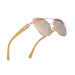 pink cat eye sunglasses with bamboo arms three quarter image