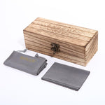 Wooden sunglass case with cleaning cloth and soft bag