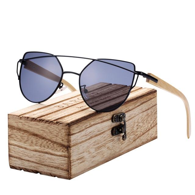 Purple cat eye sunglasses with bamboo arms and wooden case