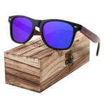 Black walnut sunglasses with blue lenses on top of high quality wooden case