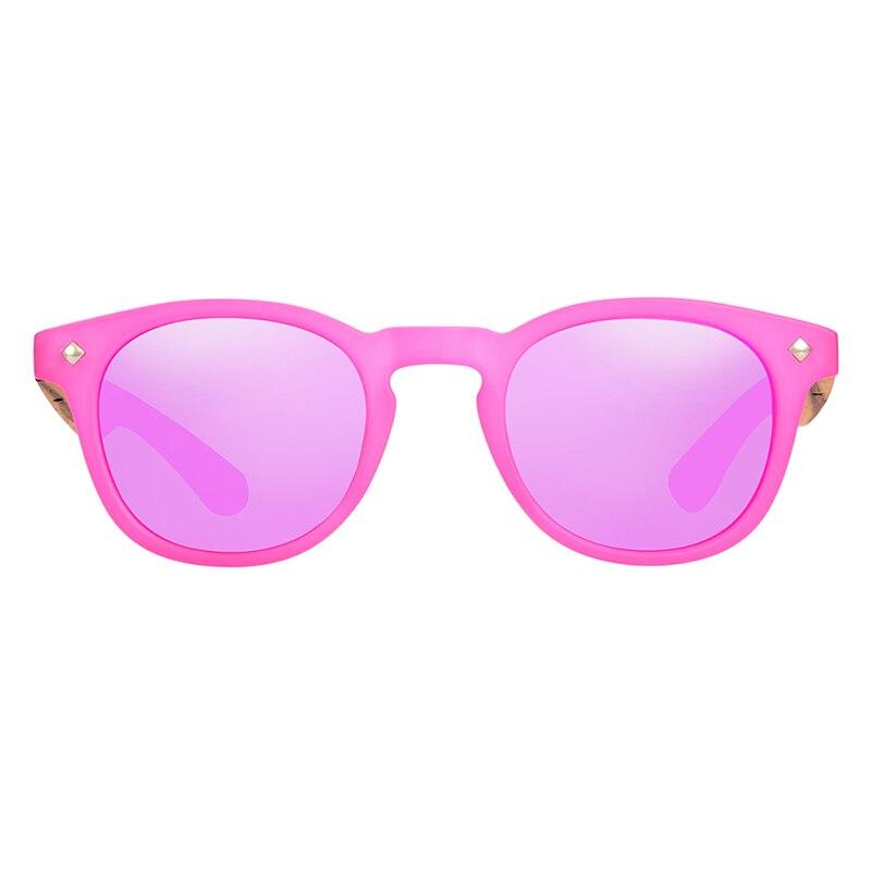 Polarised Kids Round Zebra Wood Sunglasses with pink frames and lenses front view