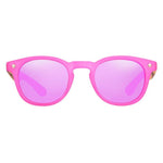 Polarised Kids Round Zebra Wood Sunglasses with pink frames and lenses front view