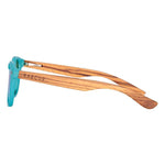 Polarised Kids Round Zebra Wood Sunglasses with blue frames and lenses side view