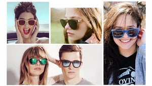 People  wearing different coloured skateboard wood sunglasses