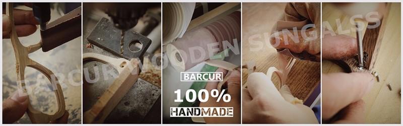 Handmade wooden sunglasses shown in production