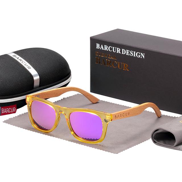 Polarised Wooden Children's Sunglasses with purple lenses and case, bag and cleaning cloth