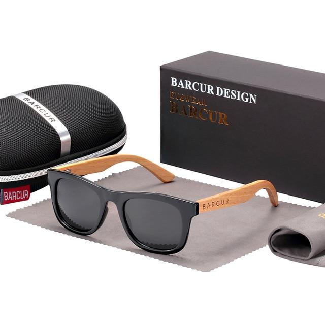 Polarised Wooden Children's Sunglasses with black lenses and case, bag and cleaning cloth
