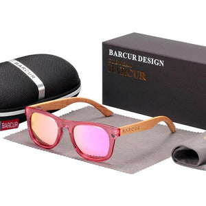 Polarised Wooden Children's Sunglasses with pink lenses and case, bag and cleaning cloth