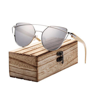 Purple cat eye sunglasses with bamboo arms and wooden case