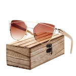 red cat eye sunglasses with bamboo arms and wooden case