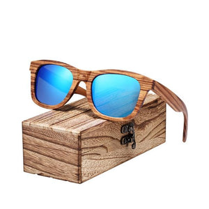 Vintage Natural Zebra Wood Sunglasses with blue lenses and free wooden storage box